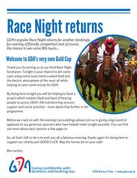 Many thanks to our sponsors, guests and volunteers who joined us for our third Race Night fundraiser on Friday 11th March, and who helped us raise a Race Night record amount of £1,508 to help fund GDA's life-transforming Transport Fund for Deaf and hard of hearing people across Gloucestershire. 